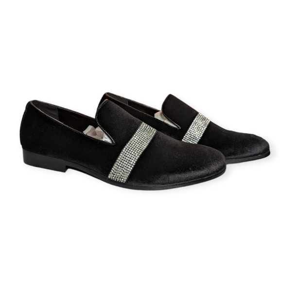 Tallia Loafers Teramo Black Slip On Plain Toe Velvet Rhinestone Black Shoes Men - Picture 4 of 9